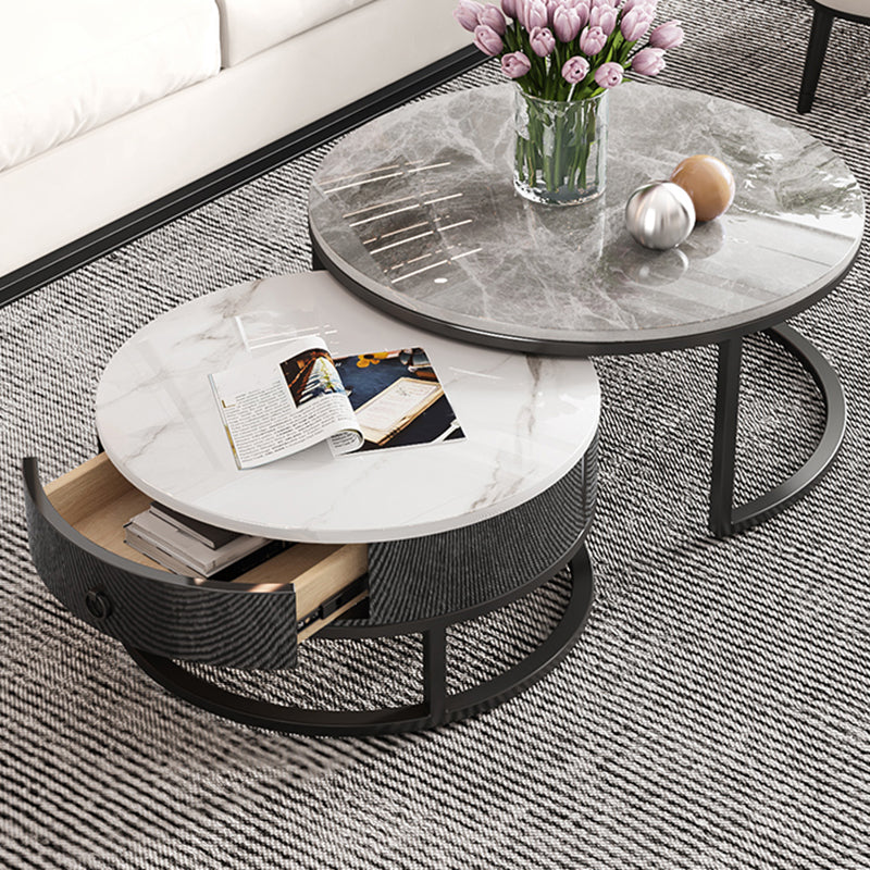 Slate Round Frame Coffee Table Modern Nesting Coffee Table Set with Drawer