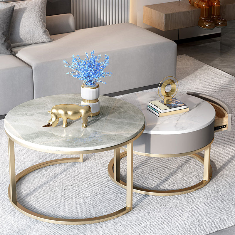 Slate Round Frame Coffee Table Modern Nesting Coffee Table Set with Drawer