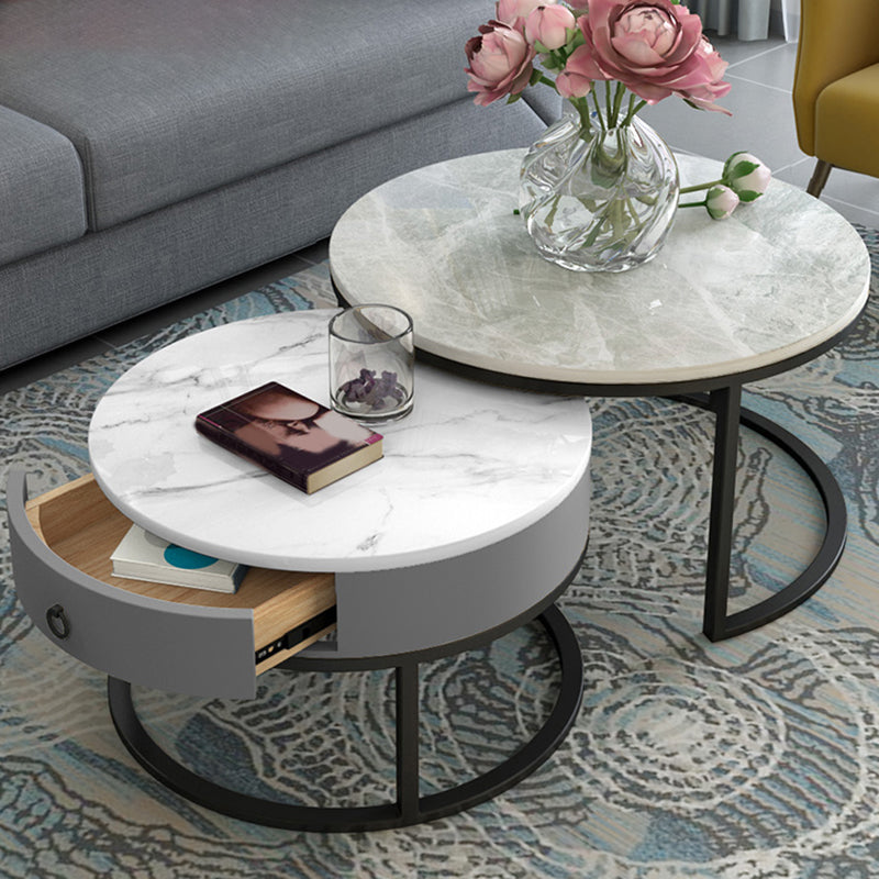 Slate Round Frame Coffee Table Modern Nesting Coffee Table Set with Drawer