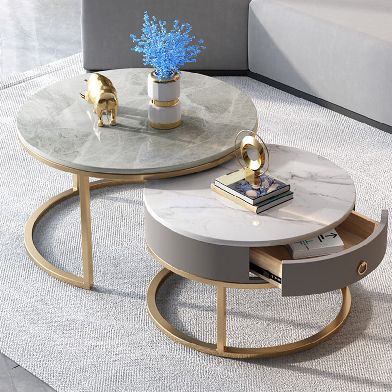 Slate Round Frame Coffee Table Modern Nesting Coffee Table Set with Drawer