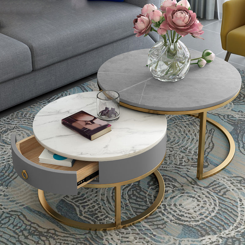 Slate Round Frame Coffee Table Modern Nesting Coffee Table Set with Drawer