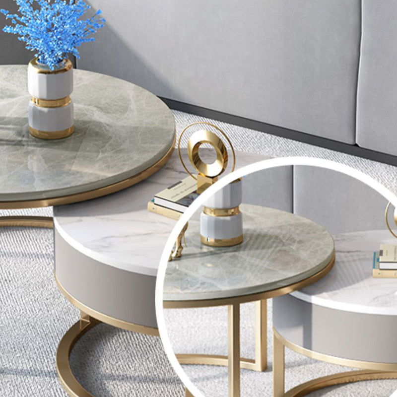 Slate Round Frame Coffee Table Modern Nesting Coffee Table Set with Drawer