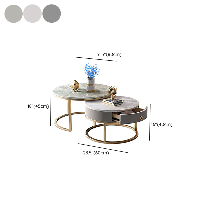 Slate Round Frame Coffee Table Modern Nesting Coffee Table Set with Drawer