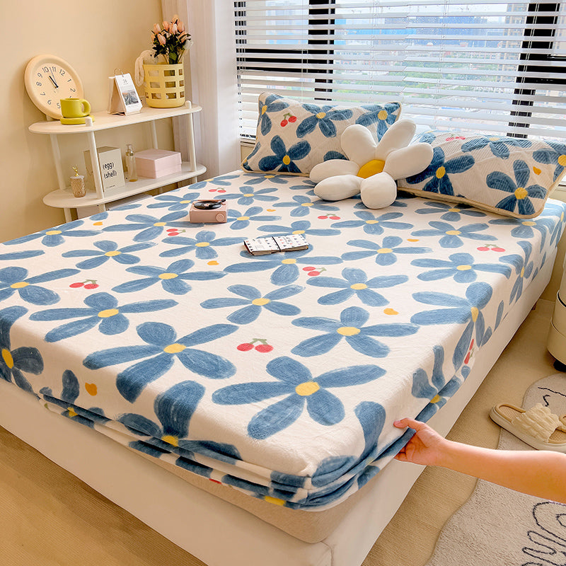 Fancy Fitted Sheet Floral Printed Fade Resistant Non-Pilling Flannel Fitted Sheet