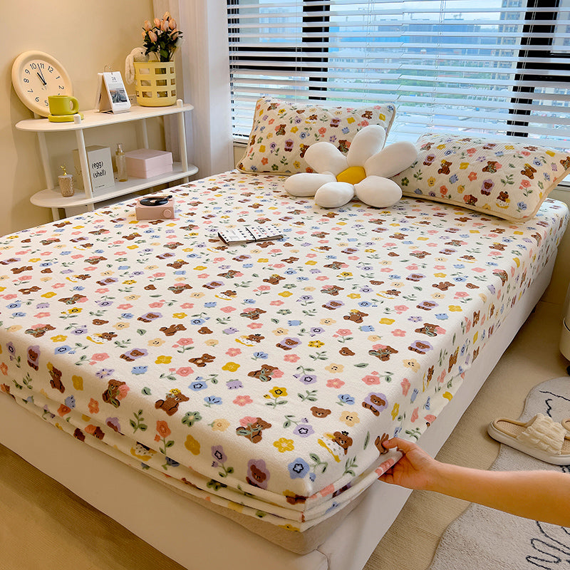 Fancy Fitted Sheet Floral Printed Fade Resistant Non-Pilling Flannel Fitted Sheet