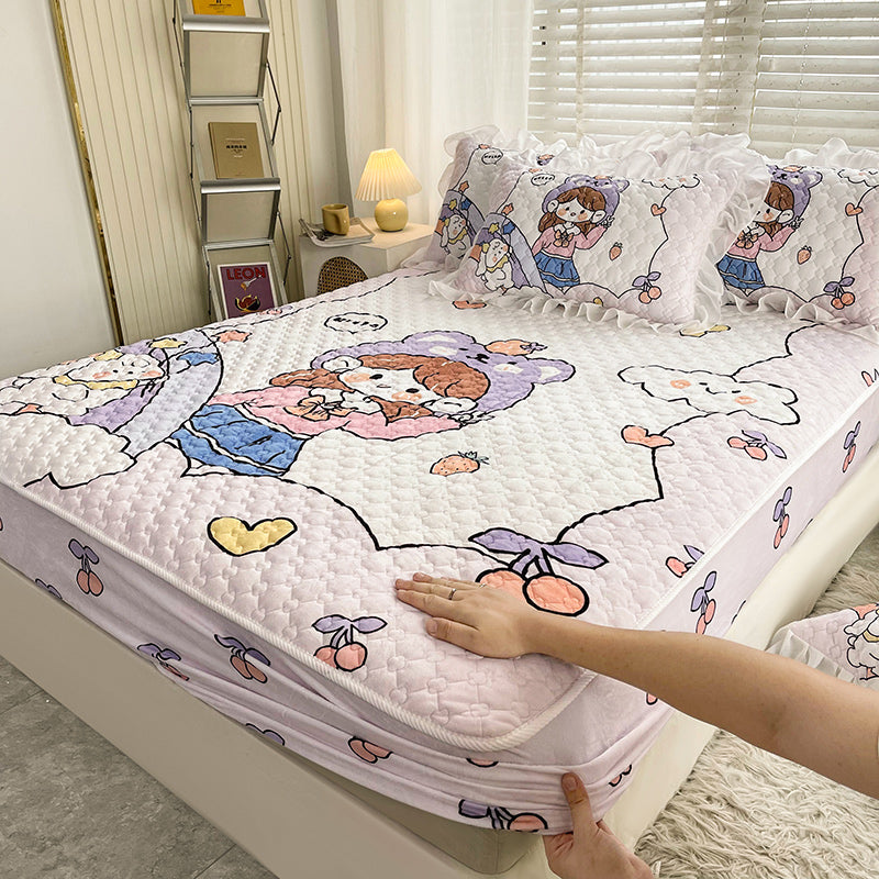 Fancy Fitted Sheet Cartoon Pattern Fade Resistant Non-Pilling Flannel Fitted Sheet