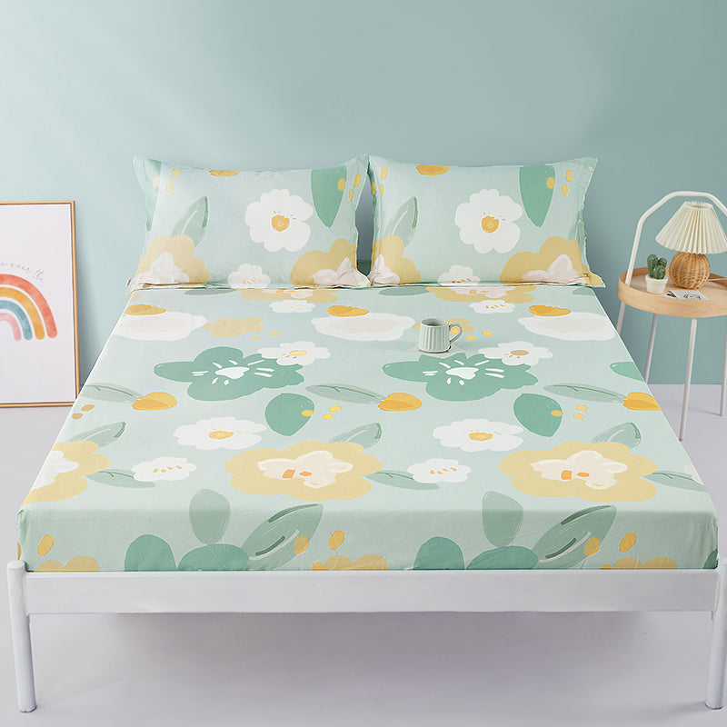 Trendy Fitted Sheet Floral Printed Breathable Cotton Non-Pilling Fitted Sheet