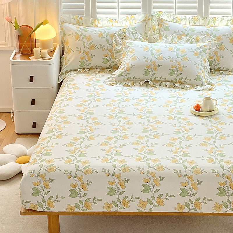 Vintage Fitted Sheet Floral Pattern Non-Pilling Breathable Cotton Fitted Sheet