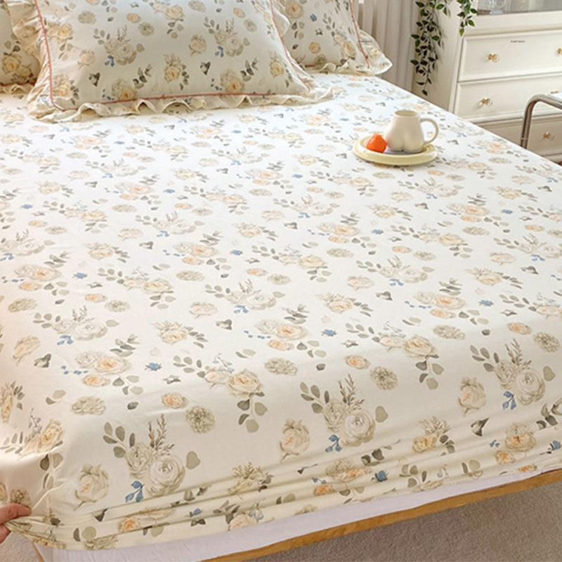 Vintage Fitted Sheet Floral Pattern Non-Pilling Breathable Cotton Fitted Sheet