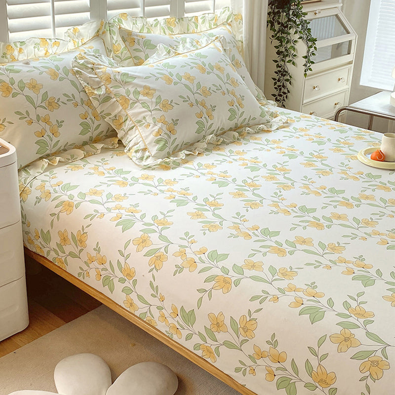 Vintage Fitted Sheet Floral Pattern Non-Pilling Breathable Cotton Fitted Sheet