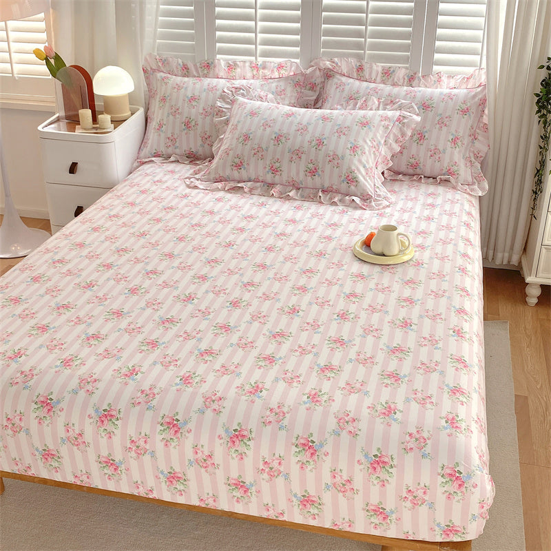 Vintage Fitted Sheet Floral Pattern Non-Pilling Breathable Cotton Fitted Sheet