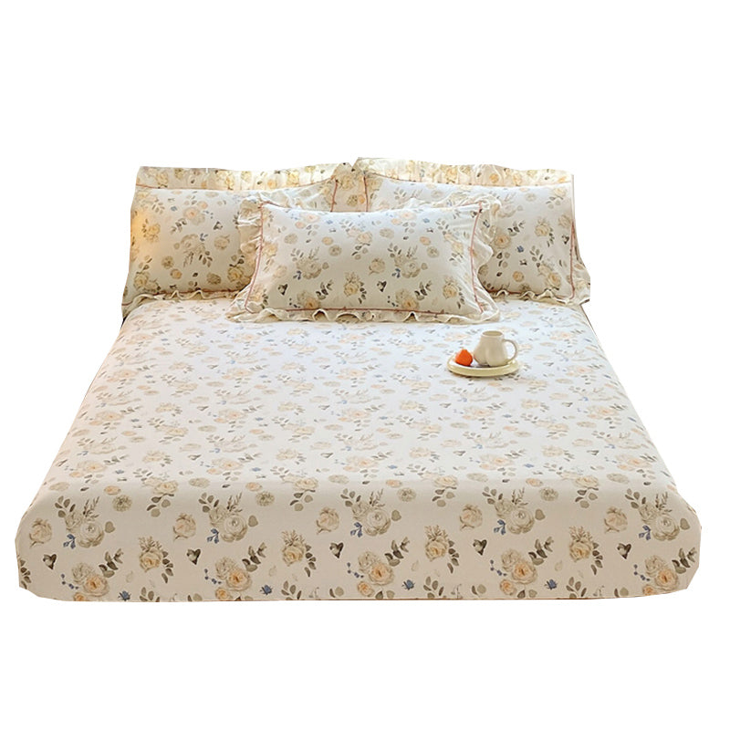 Vintage Fitted Sheet Floral Pattern Non-Pilling Breathable Cotton Fitted Sheet