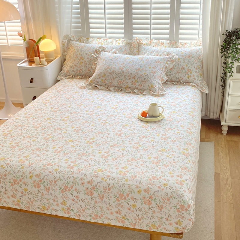 Vintage Fitted Sheet Floral Pattern Non-Pilling Breathable Cotton Fitted Sheet