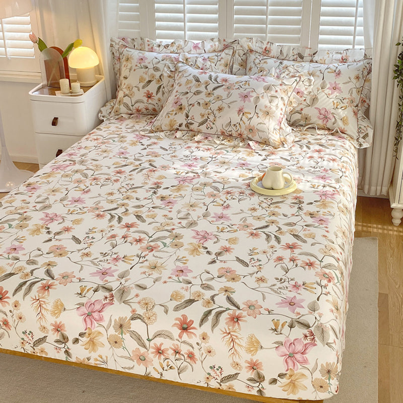 Vintage Fitted Sheet Floral Pattern Non-Pilling Breathable Cotton Fitted Sheet