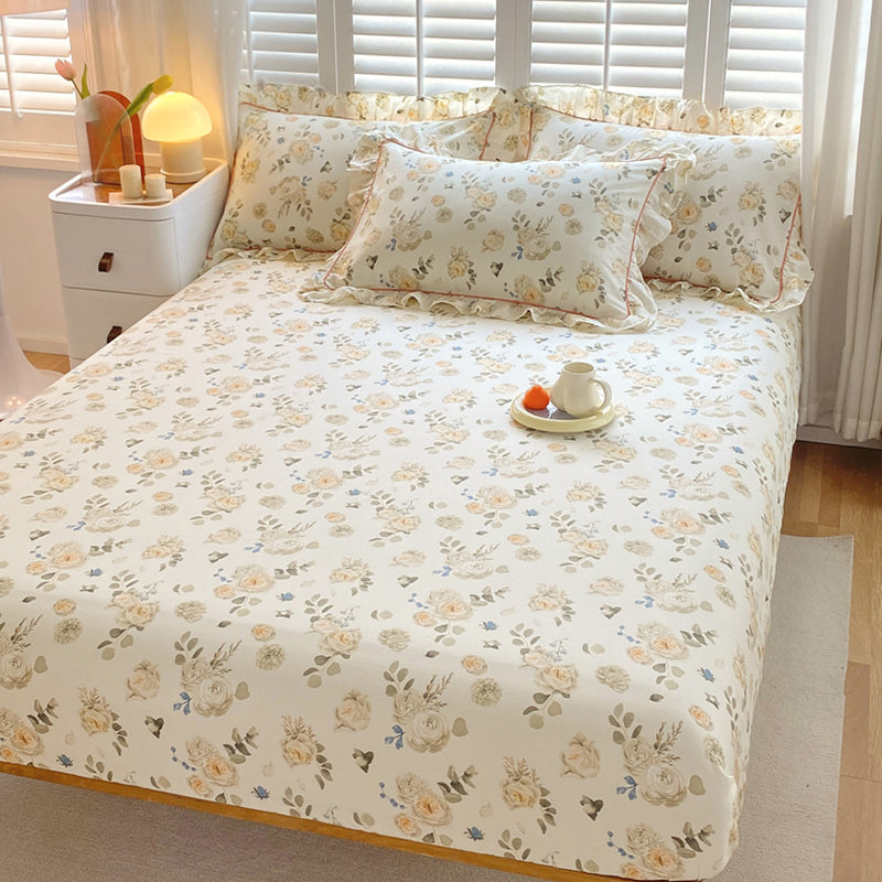 Vintage Fitted Sheet Floral Pattern Non-Pilling Breathable Cotton Fitted Sheet