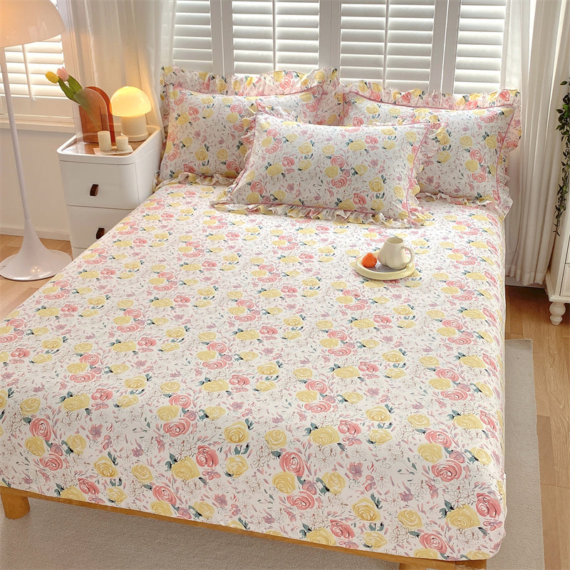 Vintage Fitted Sheet Floral Pattern Non-Pilling Breathable Cotton Fitted Sheet