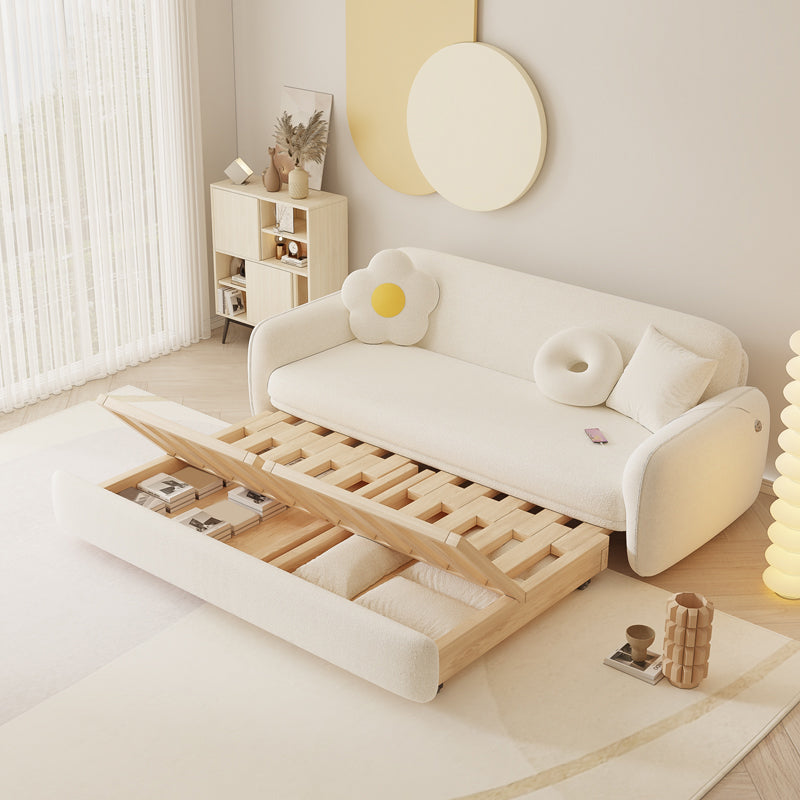 Scandinavian Sleeper Sofa Fabric White with Storage Cushion Back Square Arms