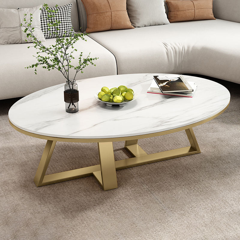 Metal Cross Legs Cocktail Table Luxurious Oval Stone Top Coffee Table