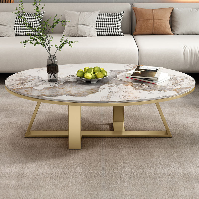 Metal Cross Legs Cocktail Table Luxurious Oval Stone Top Coffee Table