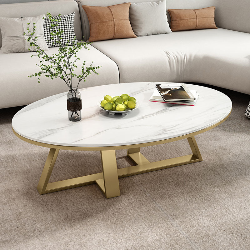 Metal Cross Legs Cocktail Table Luxurious Oval Stone Top Coffee Table