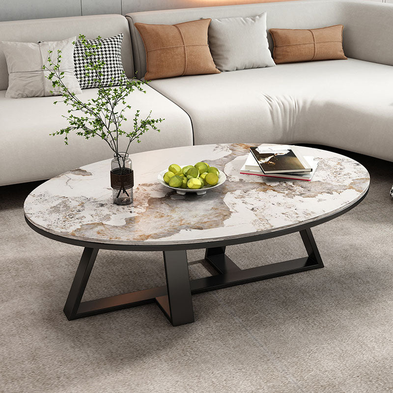 Metal Cross Legs Cocktail Table Luxurious Oval Stone Top Coffee Table