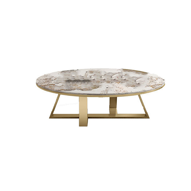 Metal Cross Legs Cocktail Table Luxurious Oval Stone Top Coffee Table