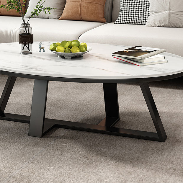 Metal Cross Legs Cocktail Table Luxurious Oval Stone Top Coffee Table