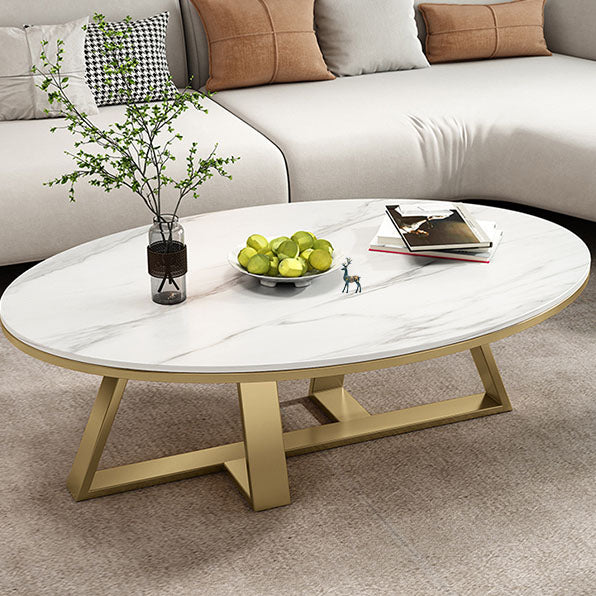 Metal Cross Legs Cocktail Table Luxurious Oval Stone Top Coffee Table