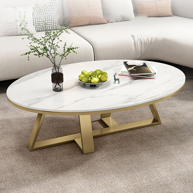 Metal Cross Legs Cocktail Table Luxurious Oval Stone Top Coffee Table