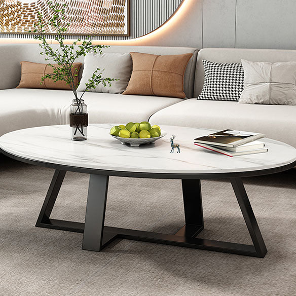 Metal Cross Legs Cocktail Table Luxurious Oval Stone Top Coffee Table