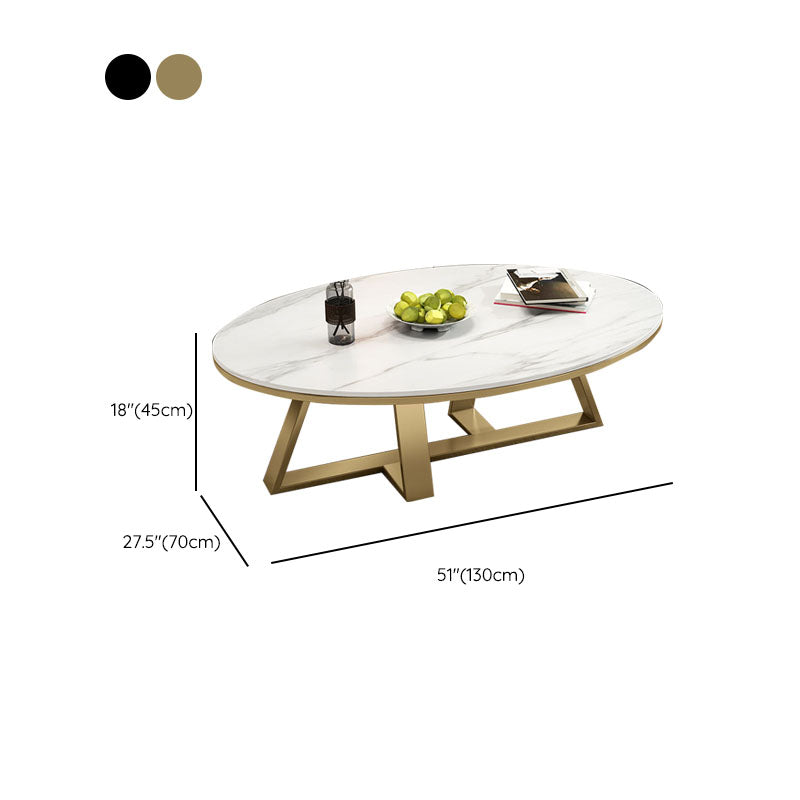 Metal Cross Legs Cocktail Table Luxurious Oval Stone Top Coffee Table