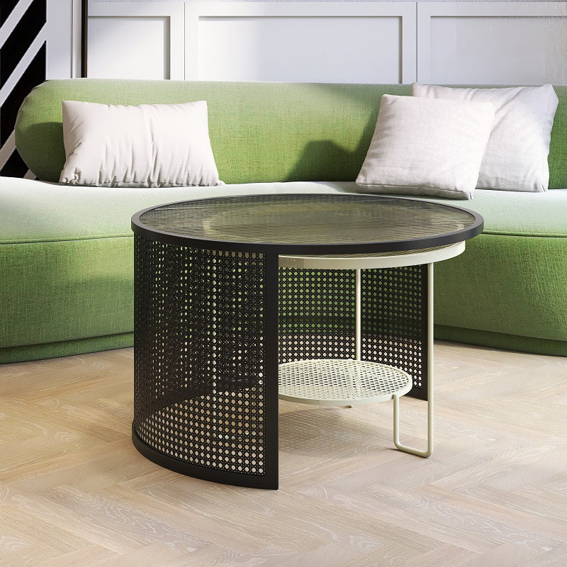 Round GlassCoffee Table Tropical No Distressing Coffee Table Set with Shelf