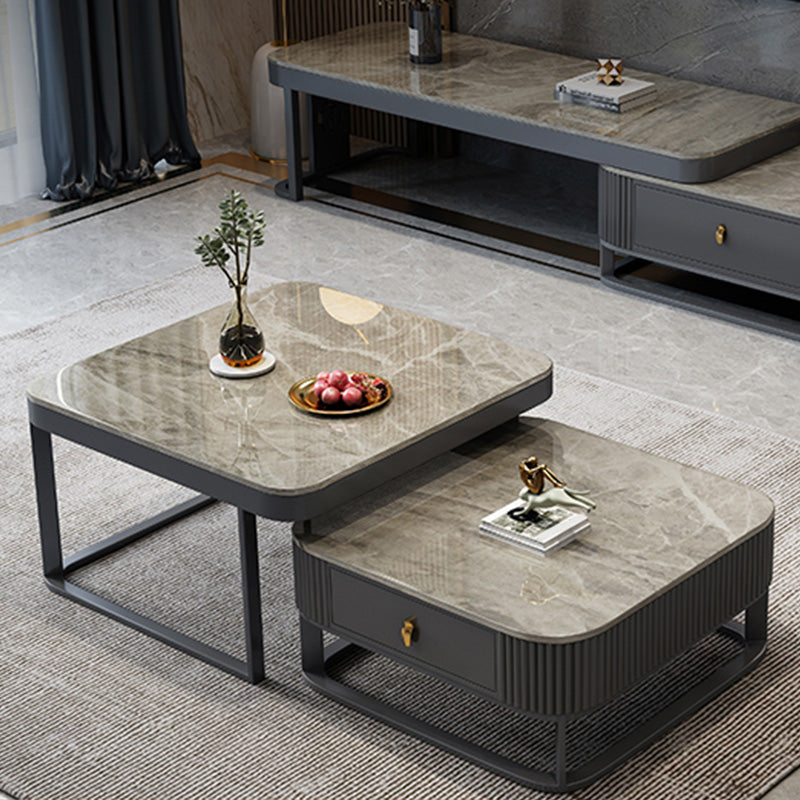 Slate Coffee Table Glam Frame Nesting Coffee Table Set with Drawer