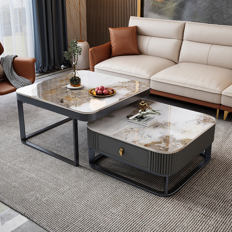 Slate Coffee Table Glam Frame Nesting Coffee Table Set with Drawer