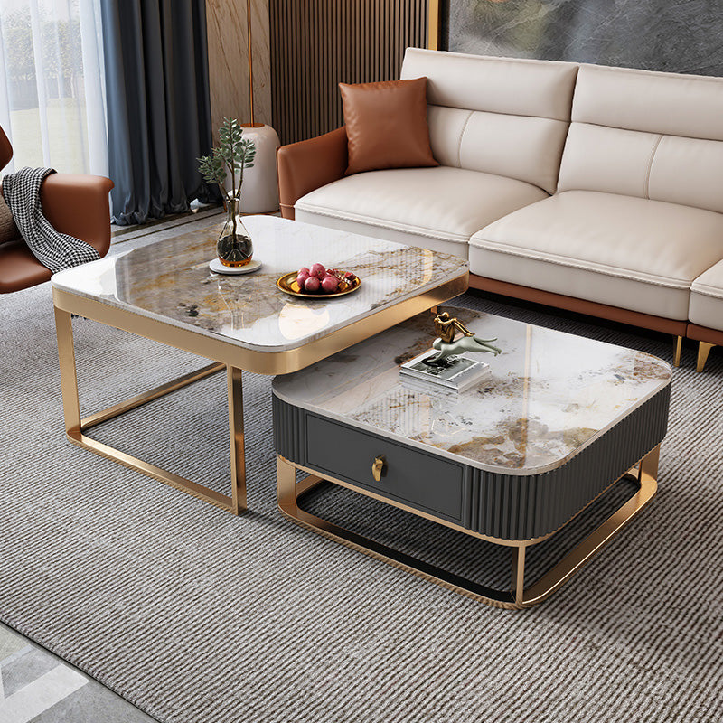 Slate Coffee Table Glam Frame Nesting Coffee Table Set with Drawer