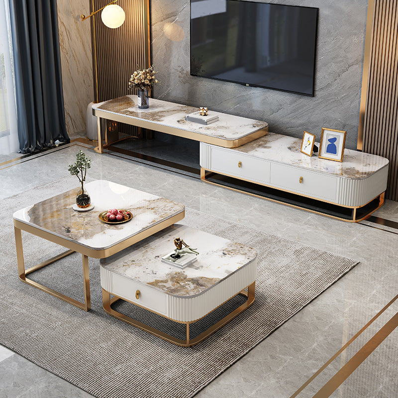 Slate Coffee Table Glam Frame Nesting Coffee Table Set with Drawer