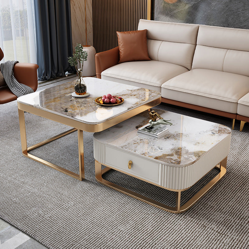 Slate Coffee Table Glam Frame Nesting Coffee Table Set with Drawer