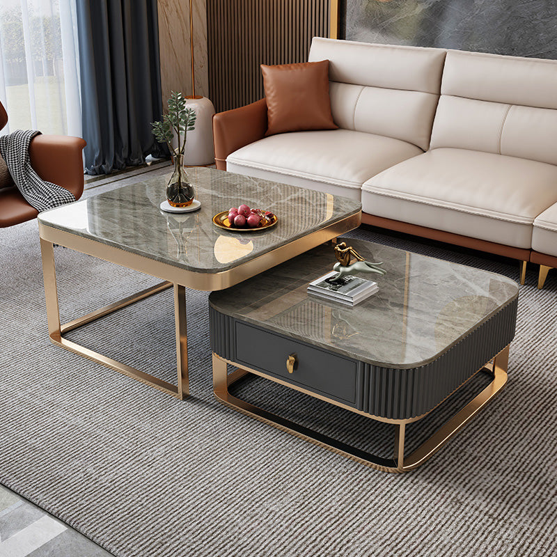 Slate Coffee Table Glam Frame Nesting Coffee Table Set with Drawer