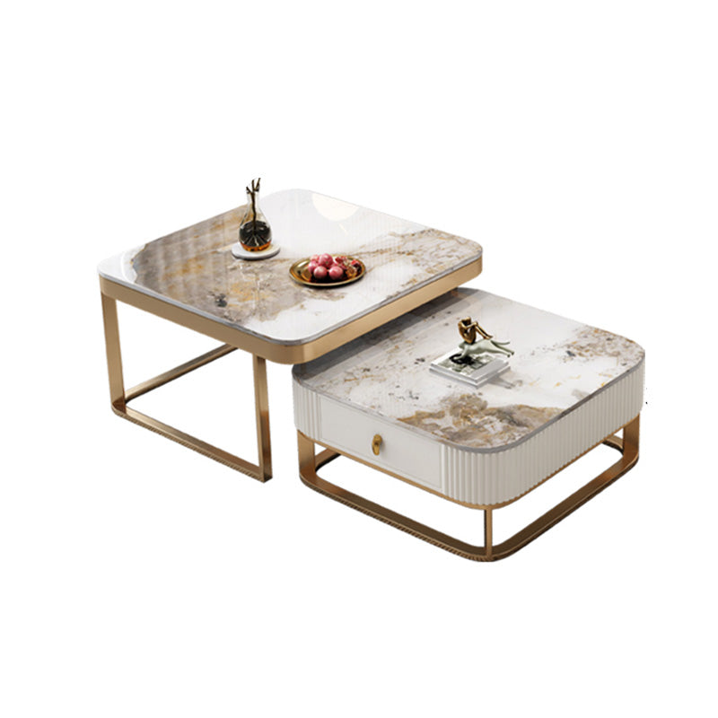 Slate Coffee Table Glam Frame Nesting Coffee Table Set with Drawer