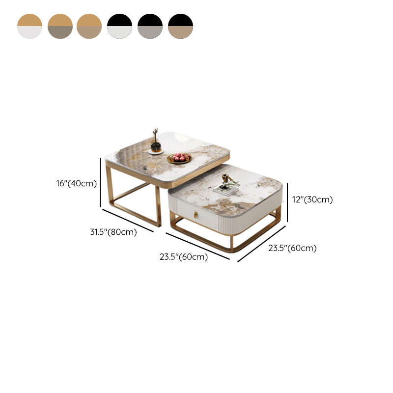 Slate Coffee Table Glam Frame Nesting Coffee Table Set with Drawer