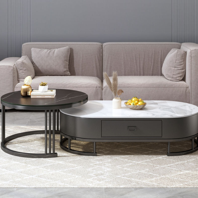 Glam Coffee Table Oval Nesting Nesting Coffee Table with Drawer Slate Cocktail Table