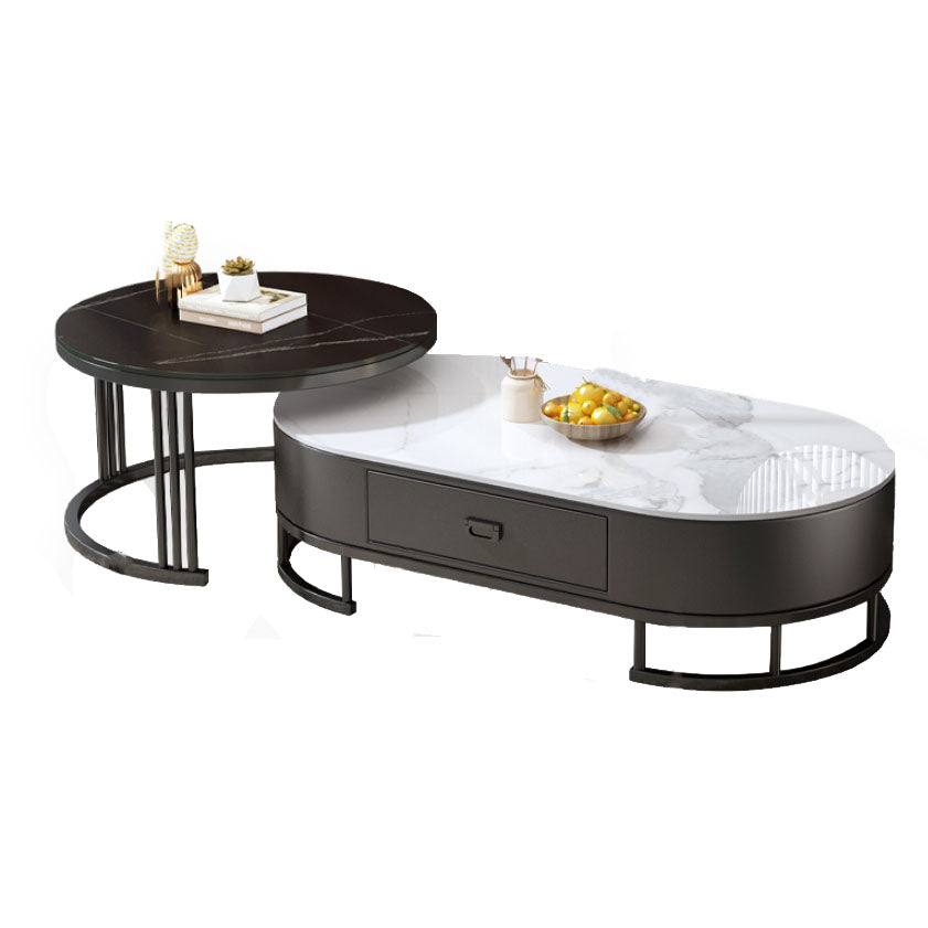 Glam Coffee Table Oval Nesting Nesting Coffee Table with Drawer Slate Cocktail Table