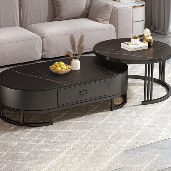Glam Coffee Table Oval Nesting Nesting Coffee Table with Drawer Slate Cocktail Table