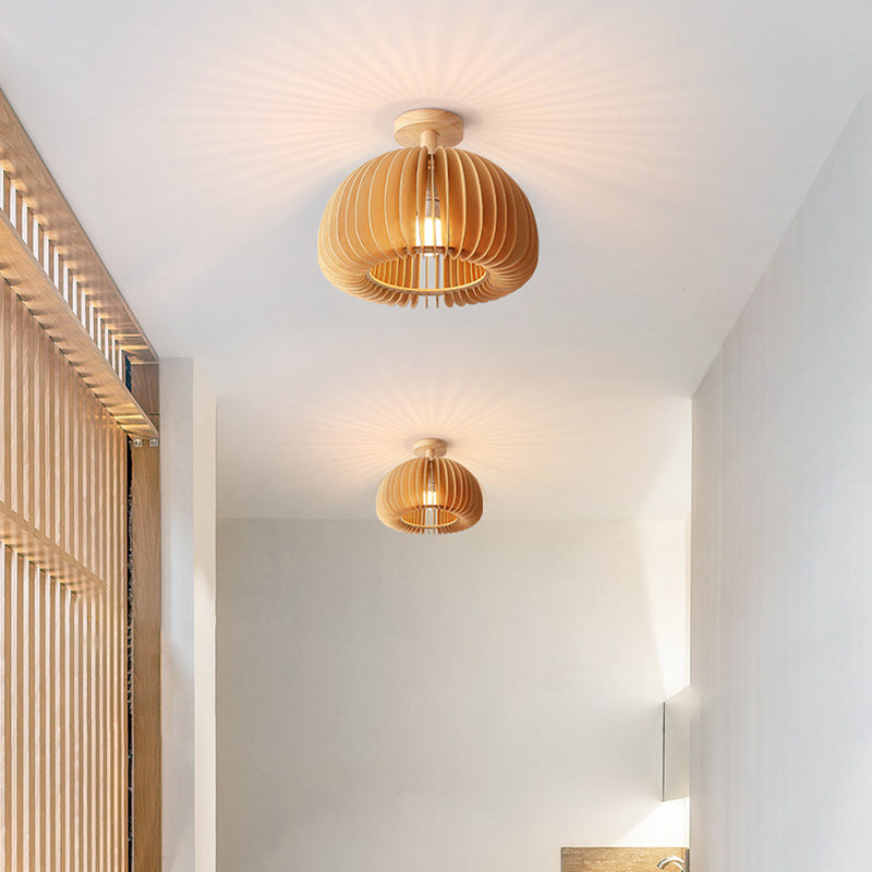1-Light Ceiling Light Modern Ceiling Mount Light with Wood Shade for Living Room