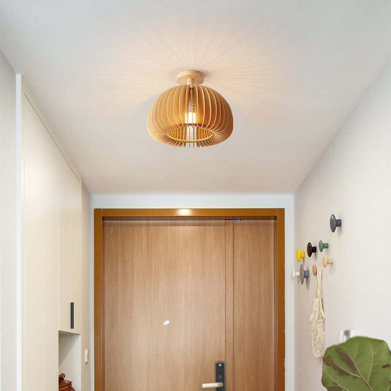 1-Light Ceiling Light Modern Ceiling Mount Light with Wood Shade for Living Room