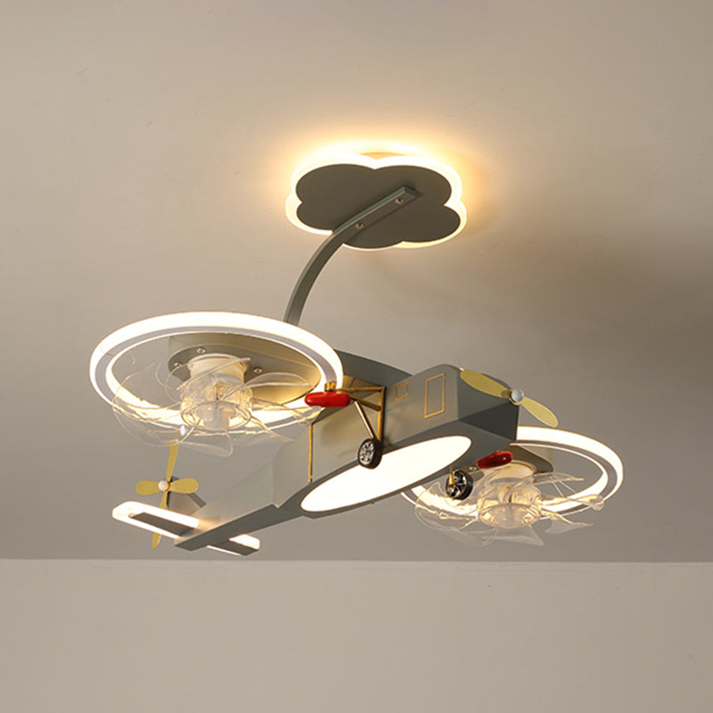 Kids LED Ceiling Fan Lamp Airplane Metal Fan Lighting in Grey for Bedroom