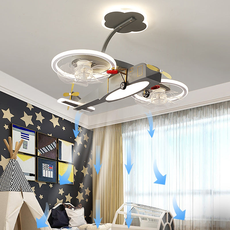 Kids LED Ceiling Fan Lamp Airplane Metal Fan Lighting in Grey for Bedroom