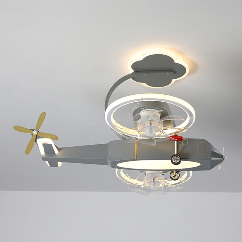 Kids LED Ceiling Fan Lamp Airplane Metal Fan Lighting in Grey for Bedroom