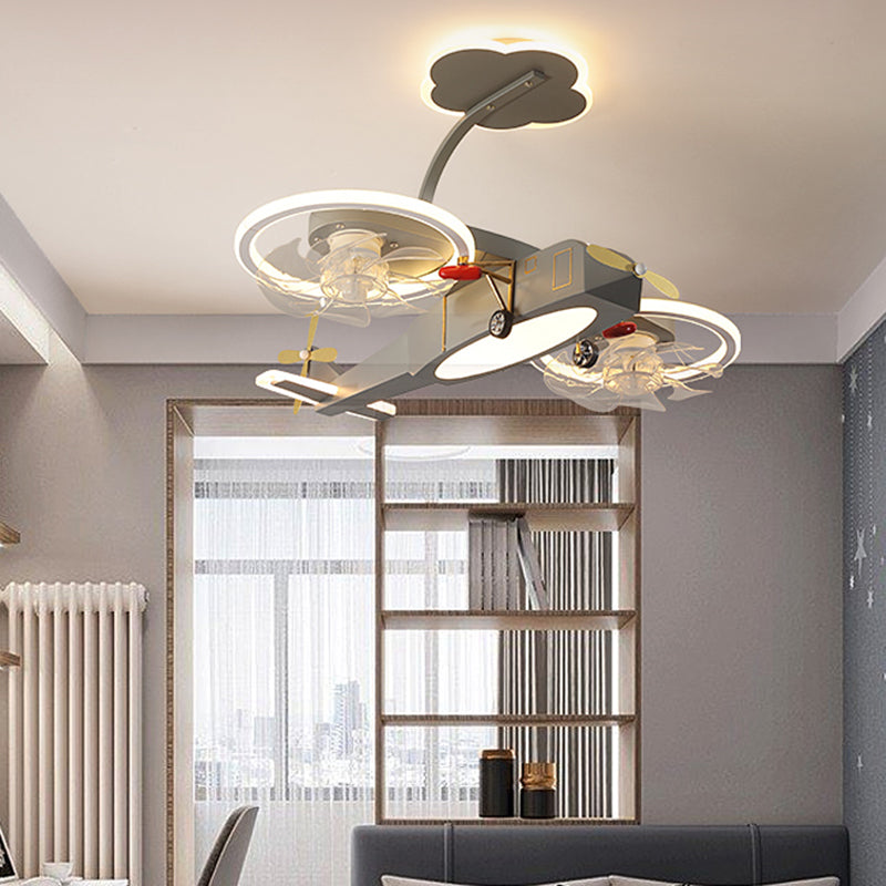 Kids LED Ceiling Fan Lamp Airplane Metal Fan Lighting in Grey for Bedroom
