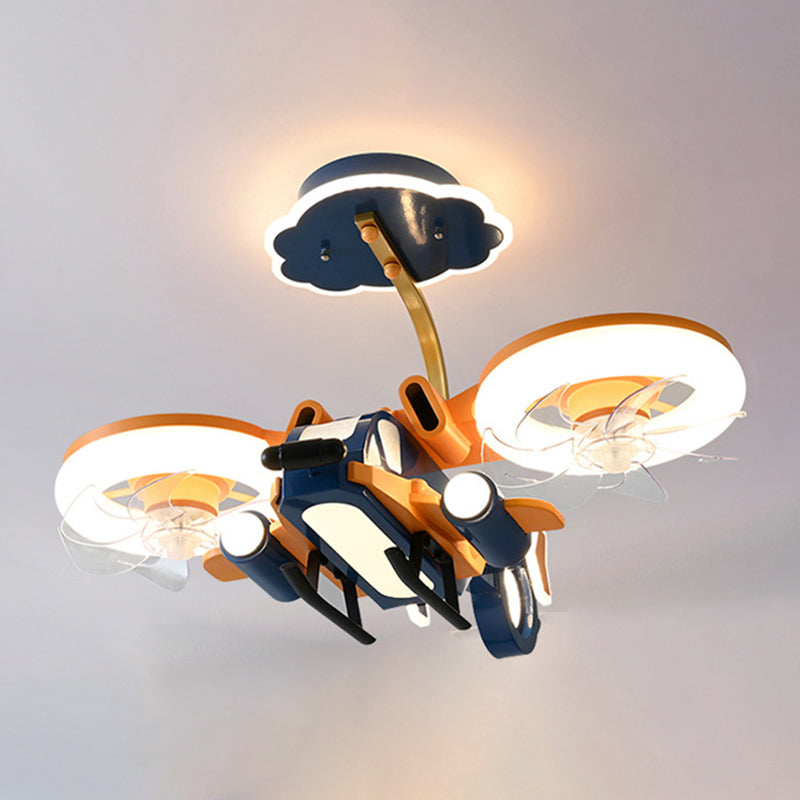 Kids LED Ceiling Fan Lamp Airplane Metal Fan Lighting in Blue and Orange for Bedroom